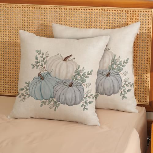 Fall Pillow Covers 18x18 Set of 2 Watercolor Blue White Pumpkin Pillow Cases Autumn Harvest Outdoor Fall Decoration Throw Pillows Linen Thanksgiving Cushion Case for Couch Sofa Home Decor - Image 3
