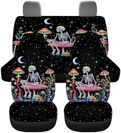 Skull Colorful Mushroom Car Seat Covers 4Pcs Front & Rear Breathable Seat Covers Universal Fits for Truck, Sedan, SUV Auto Interior Protector Car Accessories Halloween Decor