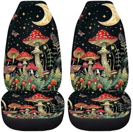 BIGCARJOB Mushroom Print Car Seat Cover Set for Front Seat Only,Moon Star Mushroom Print Auto Front Seat Protector Full Set Car Interior Accessories,Universal Fit