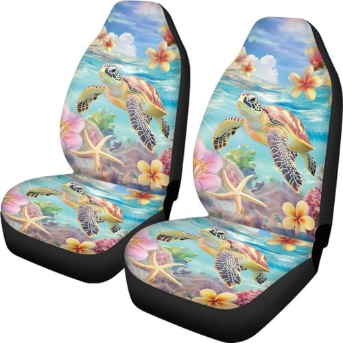 Sea Turtle 2pcs Car Seat Cover Set, Tropital Plumeria Car Seat Covers Full Set Accessories Auto Truck SUV, Hawaii Easy to Install Sedan Front Bench Cover
