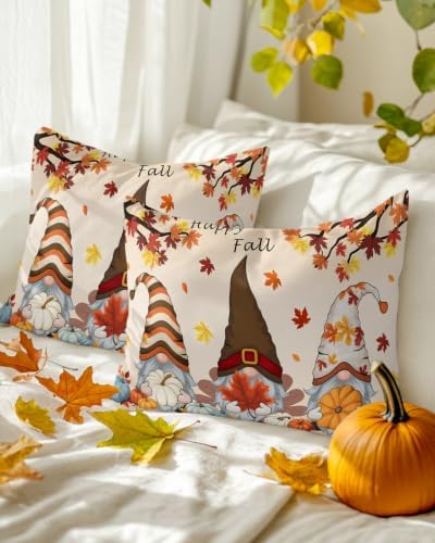 Fall Gnomes Pumpkin Pillow Covers 12x20 Inch Set of 2, Thanksgiving Decorations Indoor Outdoor Throw Pillow Covers, Maple Leaves Cotton Linen Pillowcases for Patio Sofa Couch Bedroom Decorative - Image 3