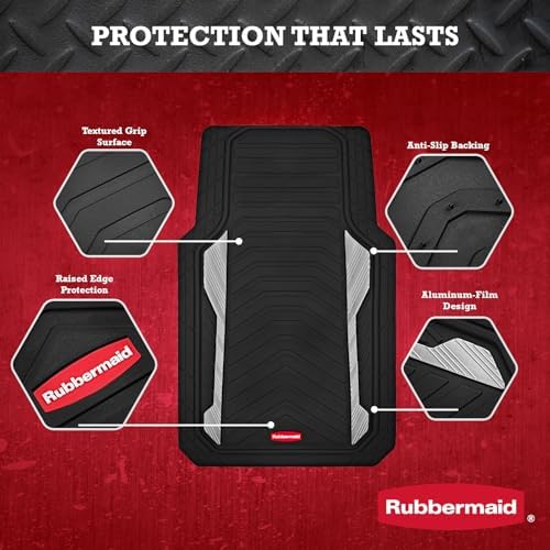 Rubbermaid Car Floor Mat, Heavy Duty All-Weather Car Mats Full Set with Dual-Tone Sliver Aluminum Inserts – Universal Fit, Anti-Slip Backing, Trim-to-Fit for Most SUV, Sedan, Van
