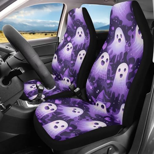 Ghost 2 Pcs Car Seat Covers Full Set, Halloween Cute Gothic Ghost Front Split Bench Seat Covers for Cars, Purple Fluid Painting Universal Seat Cover for Sedan,SUV,Truck