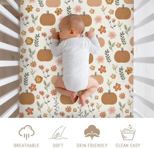 Pastel Autumn Pumpkin Flowers Baby Crib Sheets for Boy Girl Boho Pumpkin Fall Floral Retro Soft Snug Fitted Crib Mattress Covers for 52''x28'' Standard Crib & Toddler Mattress Thanksgiving Bed Sheet - Image 3