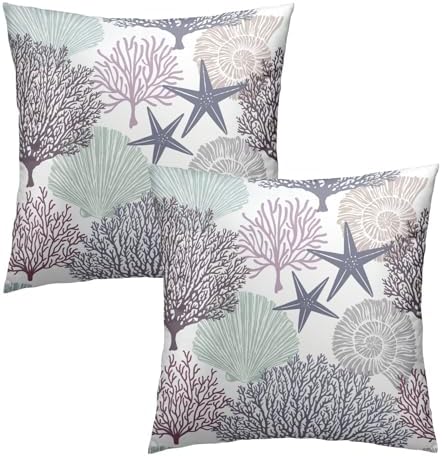 Sweetshow Ocean Coral Pillow Covers 22x22 Inch Nautical Coastal Throw Pillows Set of 2 Beach Seashell Starfish Pillow Case Soft Cotton Square Cushion Covers for Home Couch Sofa Patio Bedroom, Purple - Image 2