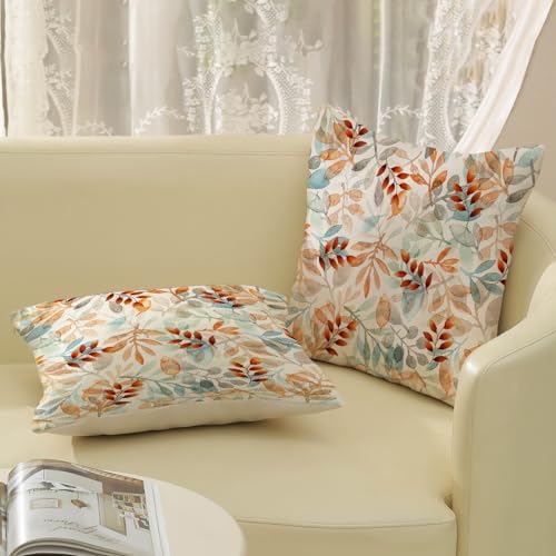 Fall Pillow Covers 18x18 Set of 2 Orange Blue Watercolor Leaves Pillowcase Autumn Thanksgiving Outdoor Decorative Throw Pillow Covers Linen Farmhouse Cushion Case for Couch Home - Image 5