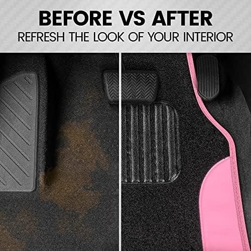BDK Carpet Floor Mats for Cars, Two-Tone Carpet Car Mat with Faux Leather Accents, Automotive Floor Mat Sets with Built-in Heel Pad, Stylish Interior Car Accessories Pink