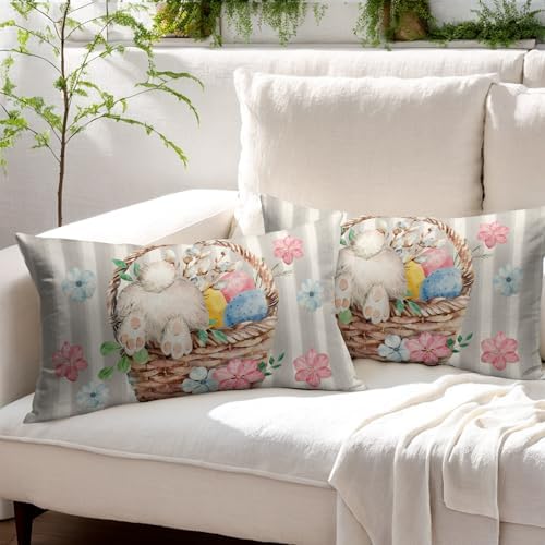 Easter Pillow Covers 12x20 Set of 2 Spring Throw Pillow Covers Rustic Cute Bunny Gray Pillowcase Linen Decoration Farmhouse Soft Decorative Eggs Cushion Case Couch for Indoor Outdoor Home Decor - Image 3