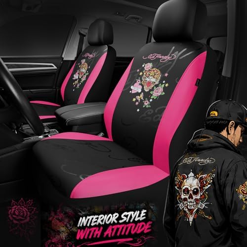 ED HARDY Tiger Print Car Seat Covers, Hot Pink Premium Leather Front Seat Covers, Universal Fit Automotive Covers for Most Cars, Trucks & SUVs, Airbag Compatible, Waterproof, Scratch Resistant