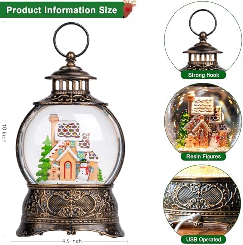 Christmas Snow Globes Christmas Water Lantern with Gingerbread Man & Snowman, Music & 6H Timer, USB Lined/Battery Operated Lighted Lanterns for Xmas Festival Decoration Gifts - Image 5