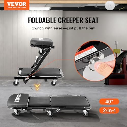 VEVOR Foldable Z Garage Creeper, 40 in, 450 lbs Load Capacity Rolling Folding Mechanic Creeper Stool, with 6 Universal Wheels Padded Seat Steel Frame, Lay Down or Sit Chair for Garage Shop or Home - Image 2