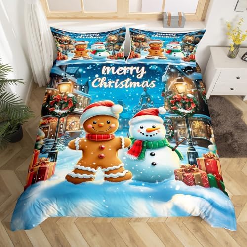 Gingerbread Man Duvet Cover Set Full Size,Cute Snowman Merry Christmas Kids Bedding Set,Snowflake Winter Xmas Poinsettia Room Decor,Blue Brown Quilt Cover,2 Pillowcases(No Comforter) - Image 7