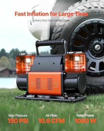 VEVOR Dual-Cylinder Heavy Duty Air Compressor, 10.6CFM Portable Tire Inflator, 12V 150PSI Offroad Air Pump with Digital Pressure Gauge & Adapters for Truck Car SUV 4 x 4 Vehicle RV - Image 2