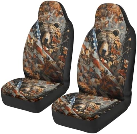 Camouflage Hunting Bear Car Seat Covers Breathable Front Seat Covers Easy Installation Stretch Polyester Fabric Cover Protection Interior Accessories Universal Fit Most Cars SUV