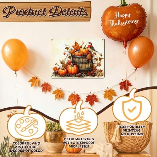 Pumpkin Vintage Tin Sign Happy Thanksgiving Metal Wall Decor for Living Room Entryway Fireplace Farmhouse 12x16Inch - Image 3