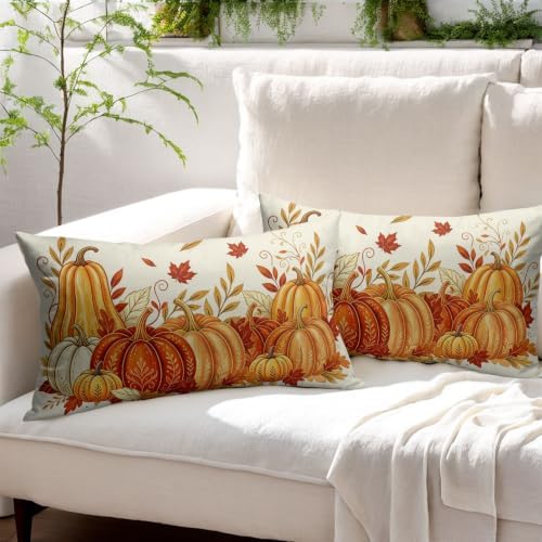 Fall Pumpkin Pillow Covers 12x20 Set of 2 Vintage Burnt Orange Maple Leaves Outdoor Throw Pillows Covers Autumn Thanksgiving Cream Farmhouse Decorative Farmhouse Cushion Case for Room Couch Sofa - Image 3