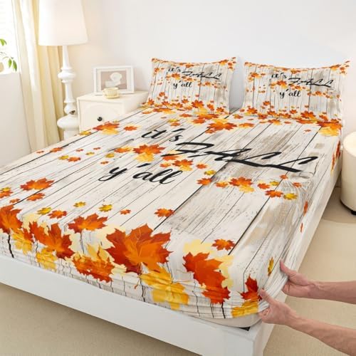 Fall Maple Leaves Sheet Set Full Autumn Nature Botanical Bed Sheets Rustic Farmhouse Fall Bedding Set For Kids Adults Soft Breathable Fitted Sheet Orange Gold Beige Flat Sheet 2 Pillow Cases - Image 6