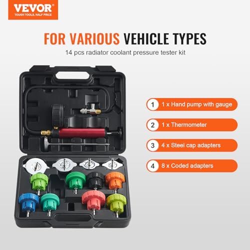VEVOR Automotive Cooling System Radiator Pressure Tester Kit, 14 pcs Radiator Pressure Tester Kit with Manual Pump and Color-Coded Steel Test Cap Adapters, for Cars Motorcycles Trucks Cooling System - Image 2