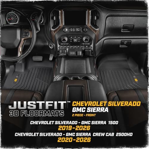CAT® JustFit™ 3D Custom Fit Floor Mats Chevrolet Silverado 1500/GMC Sierra 2019-2026, Chevy Silverado 2500HD/3500HD Crew Cab/GMC Sierra 2500HD/3500HD Crew Cab 2020–26 Floor Liner Laser Measured Front
