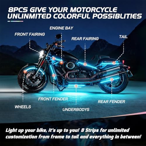 Nilight 8PCS Motorcycle RGB Led Light Kit Waterproof Multi Color Atmosphere Neon Accent APP and Remote Control Underbody Strips for Harley Davidson Honda Kawasaki Suzuki