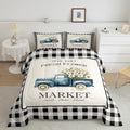 Homewish Daisy Flowers Truck Comforter Set Queen Size Black White Geometric Grid Bedding Set for Kids Girls Teens Boys Room Decor Spring Garden Plants Quilt Set Rustic Farmhouse Duvet Insert 3pcs by Homewish