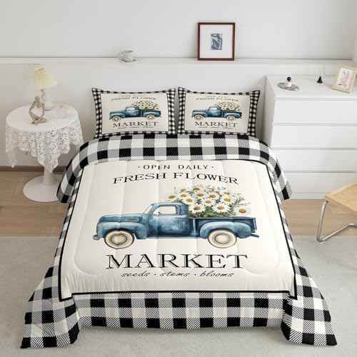 Homewish Daisy Flowers Truck Comforter Set Queen Size Black White Geometric Grid Bedding Set for Kids Girls Teens Boys Room Decor Spring Garden Plants Quilt Set Rustic Farmhouse Duvet Insert 3pcs by Homewish
