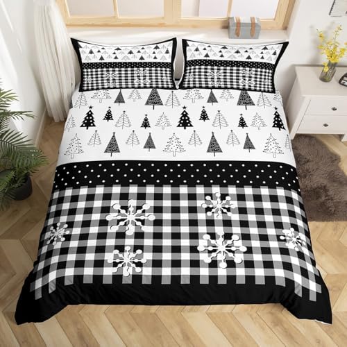 Merry Christmas Kids Duvet Cover Set King Size,Christmas Trees Snowflake Xmas Bedding Set,Girls Boys Adults Room Decor,Geometric Grids Dots Comforter Cover,Black White Chic Quilt Cover,2 Pillowcases - Image 4