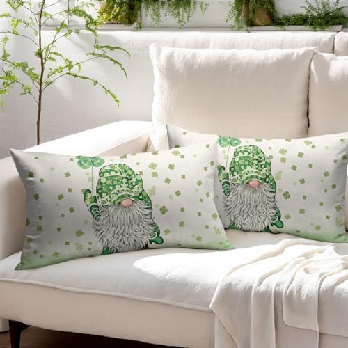 St Patricks Day Pillow Covers 12x20 Set of 2 Shamrock Gnome Throw Pillow Covers Rustic Spring Pillowcase Linen Decoration Farmhouse Decorative Sage Green Cushion Case Couch for Indoor Home Decor - Image 3
