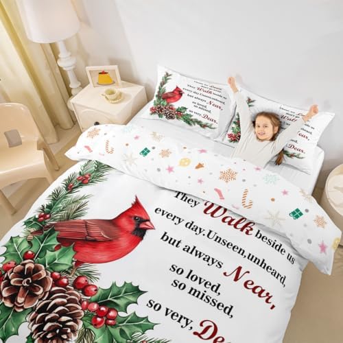 Manfei Red Cardinal Kids Bedding Set King Size,Christmas Birds Holly Pinecones Duvet Cover Set，Berries Poinsettia Rustic Animal Room Decor,White Red Green Quilt Cover,2 Pillowcases(No Comforter) by Manfei