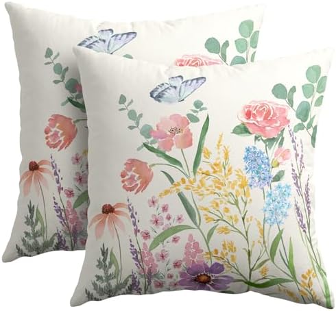 Spring Pillow Covers 16x16 Set of 2 Floral Throw Pillow Covers Rustic Flower Pillowcase Linen Decoration Farmhouse Soft Decorative Pink Blue Cushion Case Couch for Indoor Outdoor Home Decor by Unknown