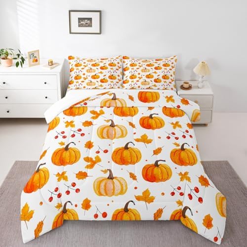 Erosebridal Fall Pumpkin Comforter Set Thanksgiving Pumpkin Decorations Bedding King Size Autumn Fall Maple Leaf Comforter Harvest Season Fruit Decor for Kids Rustic Farmhouse Bed Set 2 Pillowcases by Erosebridal