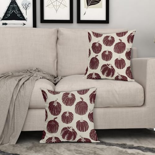 Burgundy Red Pumpkin Fall Pillow Covers 22x22 Set of 2 Autumn Harvest Print Thanksgiving Decorative Throw Pillows Outdoor Farmhouse Cushion Case Seasonal Decor for Couch Sofa Bed - Image 3