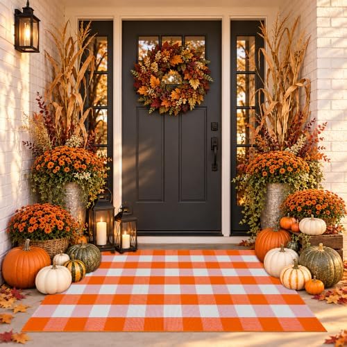 Orange and White Plaid Rug, 24'' x 51'' Fall Front Door Decor Mat, Cotton Washable Hand-Woven Door mat for Layered Doormat, Autumn Halloween Thanksgiving Carpet for Porch, Entryway - Image 7