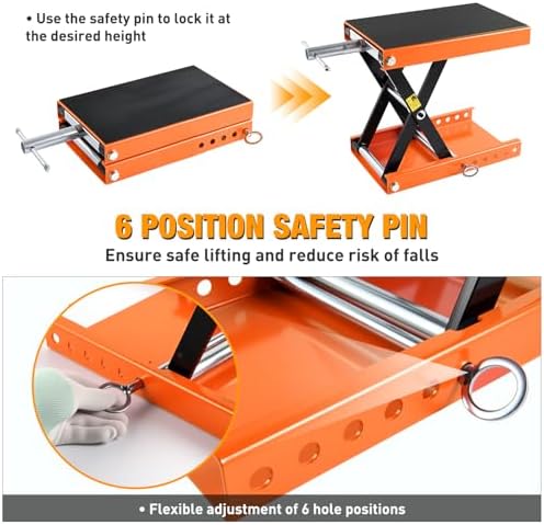Nilight Motorcycle Lift Jack 1100 LBS Scissor Jacks Stand Lift with Wide Deck Safety Pin Handle 3.4"-14.2" Height Adjustable Hoist Stand Garage Repair Lifter for Motorcycles ATV Dirt Bike, Orange - Image 5