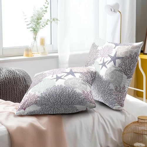 Sweetshow Ocean Coral Pillow Covers 24x24 Inch Nautical Coastal Throw Pillows Set of 2 Beach Seashell Starfish Pillow Case Soft Cotton Square Cushion Covers for Home Couch Sofa Patio Bedroom, Purple - Image 6