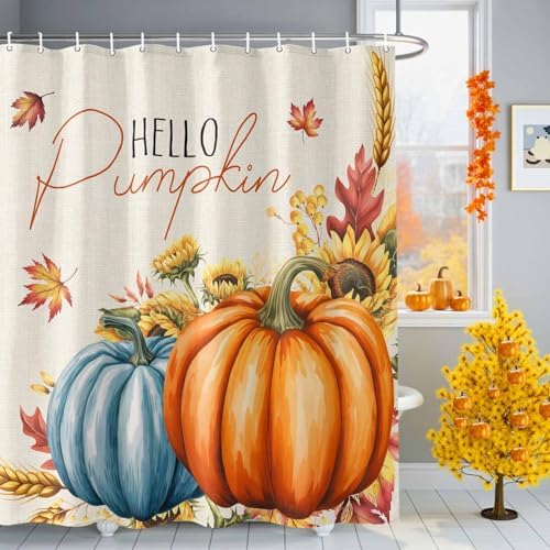 Fall Shower Curtain Autumn Hello Pumpkin Bathroom Curtains with Hooks, Waterproof Polyester Fabric Harvest Thanksgiving Maple Leaves Sunflower Shower Curtains Set for Bathroom Bathtubs Decor 72"x72" - Image 2