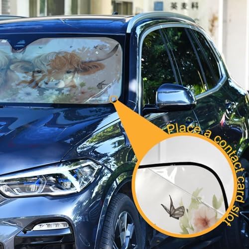 Car Windshield Sun Shade Highland Cows Flower Foldable UV Ray Sun Visor Protector Sunshade to Keep Your Vehicle Cool 55" x 27.6"