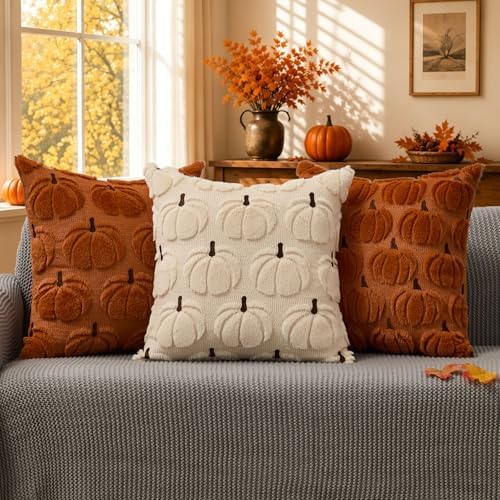 DFXSZ Fall Pillow Covers 18x18 2Pcs Beige Brown Pumpkin Fall Decorations - Image 3