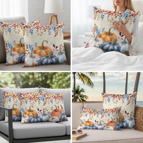 JasmineM Farmhouse Orange Blue Pumpkin Pillow Covers 18x18 Inch Set of 2, Thanksgiving Autumn Decorations Indoor Outdoor Throw Pillows, Orange Blue Linen Pillowcases for Patio Sofa Couch Bedroom - Image 7