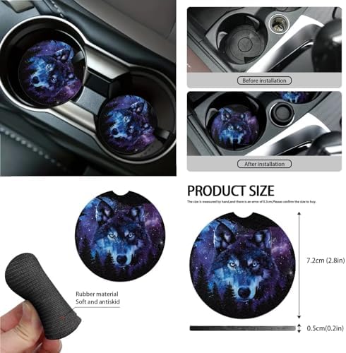 Wolf Galaxy Forest Print Car Seat Covers 15Pcs Full Set Car Steering Wheel Cover Seat Belt Cover Trash Bin Air Vent Storage Box Rear View Mirror Car Cup Holder Keychain