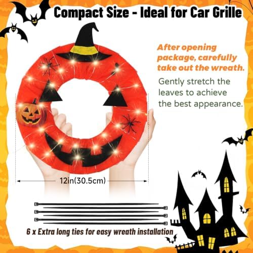 Lighted Halloween Car Wreath, 13" Artificial LED Car Wreath with Pumkin,Spider,Bat and Jack-O-Lantern for Front Grill, Light Powered Halloween Wreath Decor Fits Jeep Truck SUV RV and Golf Cart
