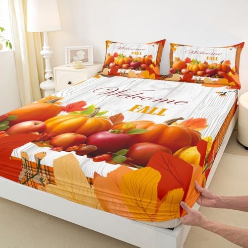 Pumpkin Sheet Set Twin Happy Fall Bed Sheets Thanksgiving Harvest Season Bedding Set For Kids Teen Adults,Orange Buffalo Plaid Fitted Sheet Rustic Farmhouse Flat Sheet 1 Pillow Case Home Room Decor - Image 6