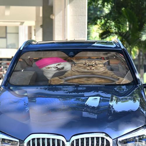 Fun Two Cat Driving Car Windshield Sun Shade Foldable UV Ray Sun Visor Protector Sunshade to Keep Your Vehicle Cool (57" x 31.5")