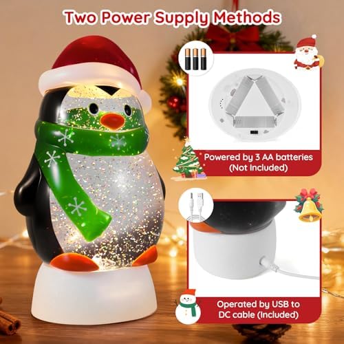 Christmas Snow Globe Penguin Lighted Musical Glitter Globe Battery Operated or USB Powered with Timer Water Glittering Snowing Globe for Christmas Party Home Table Decorations Gifts (Penguin) - Image 5
