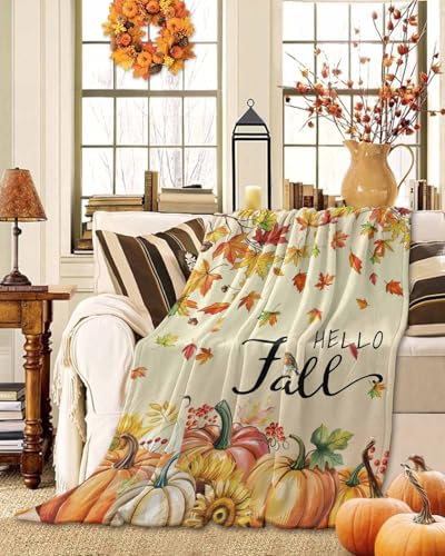 DecorLovee Orange Hello Fall Blanket 60"x80", Reversible Thanksgiving Pumpkins Throw Blanket for Couch/Bed/Camping, Maple Leaf Lightweight Soft Throw Blankets for Men, Warm Fuzzy Blankets for Winter - Image 2