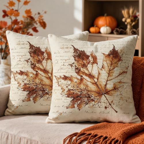 Vintage Fall Pillow Covers 24x24 Set of 2, Rustic Maple Leaf Autumn Themed Thanksgiving Decorative Throw Pillow Cases Holiday Outdoor Seasonal Farmhouse Decor for Sofa Couch Bed by Unknown