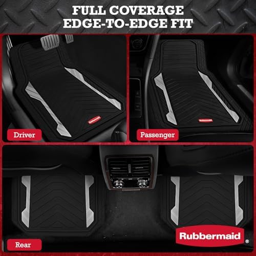 Rubbermaid Car Floor Mat, Heavy Duty All-Weather Car Mats Full Set with Dual-Tone Sliver Aluminum Inserts – Universal Fit, Anti-Slip Backing, Trim-to-Fit for Most SUV, Sedan, Van