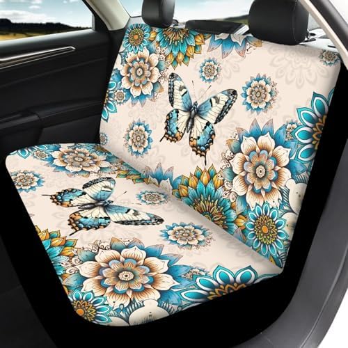 Boho Mandala Flower Butterfly Print Car Front Rear Seat Covers Full Set of 4 Car Accessories Vehicle Split Bench Protector Universal Fit for Cars Truck Sedan