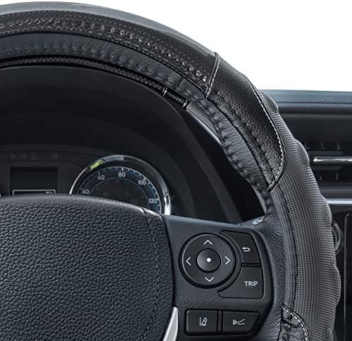 Motor Trend GripPlus Black Carbon Fiber Steering Wheel Cover, Standard 15 inch Size, Advanced Traction Grip, Car Steering Wheel Cover for Truck Van SUV Auto