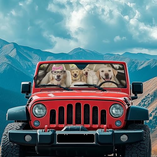 Renewold Funny Labrador Retriever Car Front Window Shade Automotive Windshield Sunshade for Jeep Wrangler JKU JL 1997-2023 2/4 Door Gladiator JT 2020-2023 Block Heat Sunlight UV Sun Shield Sun Visor